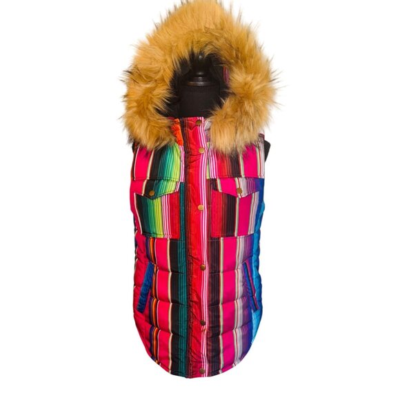 Judith March Rainbow Striped Puffer Vest Faux Fur Hood S Outdoor Street Style - Picture 3 of 15